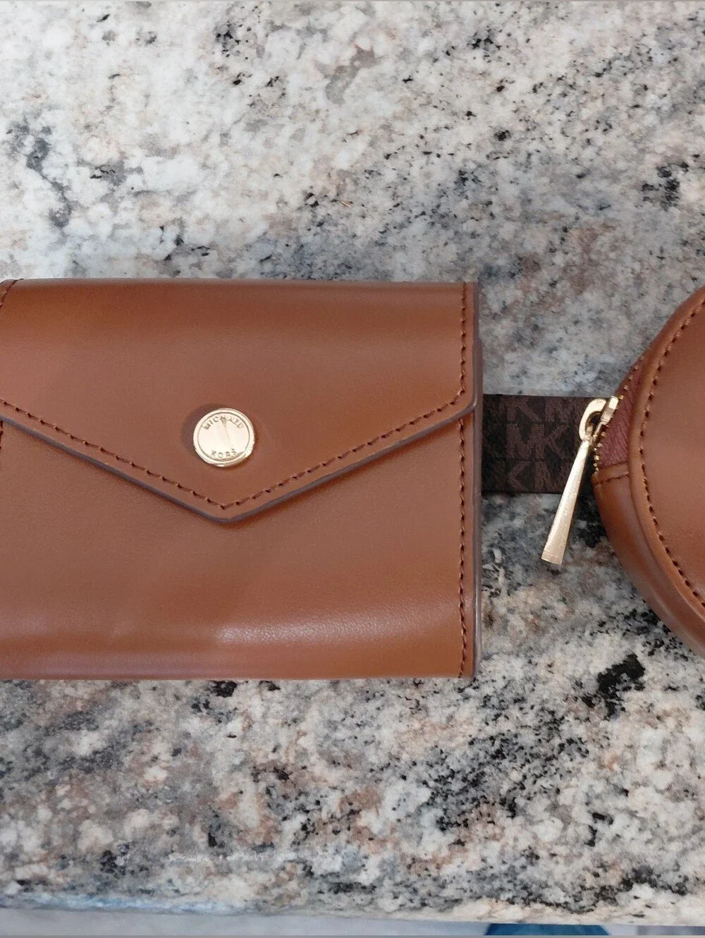 Michael Kors Tan Brown Leather Belt Double Pouch Wallet & Coin Pouch